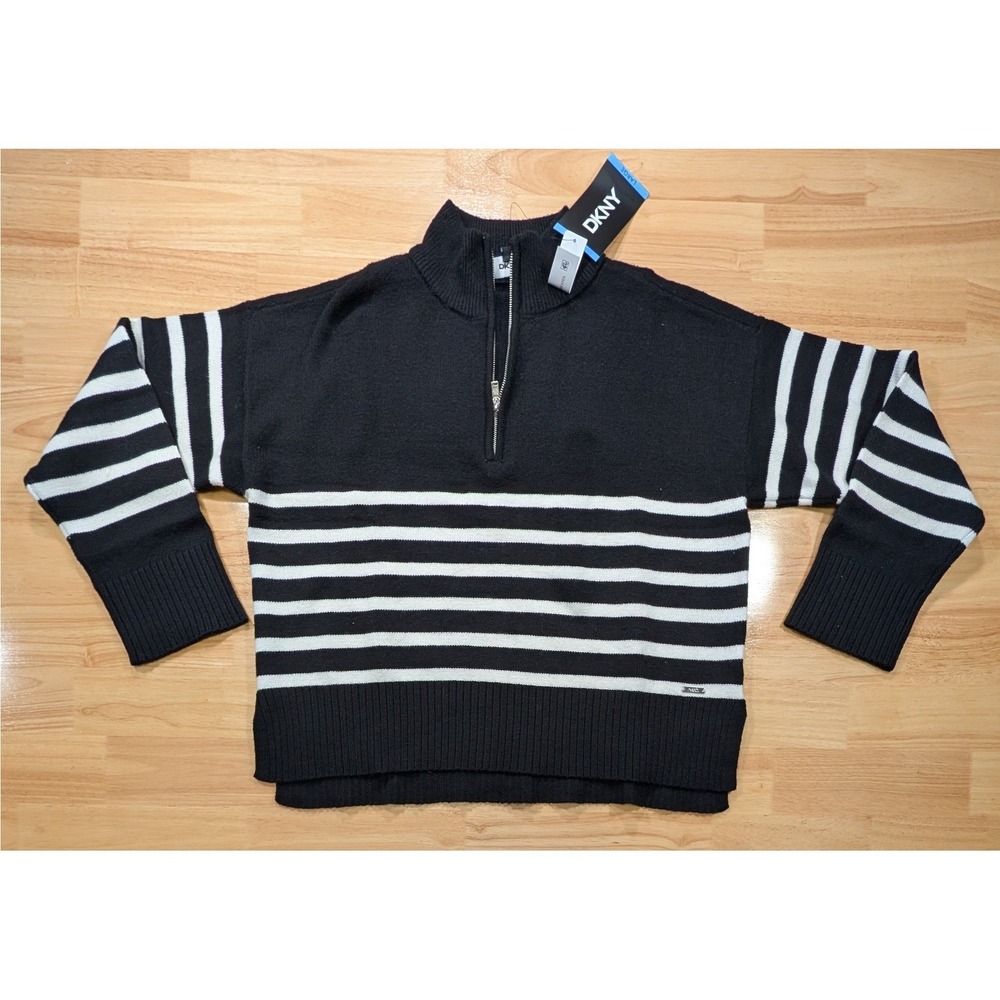 DKNY Womens Black White Striped Half Zip Turtle Neck Sweater Large NWT